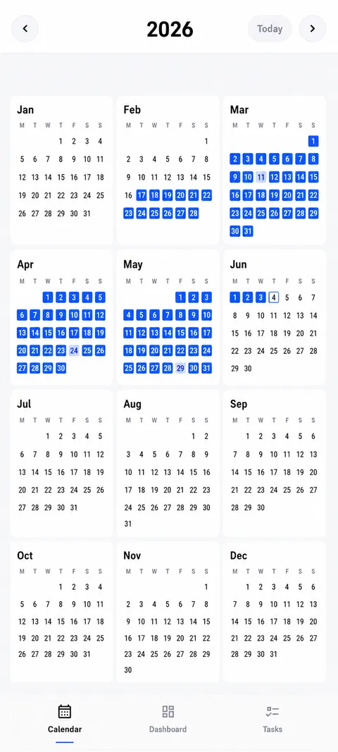Vis year calendar showing completed days