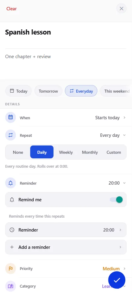 Creating a task in Vis with a daily reminder