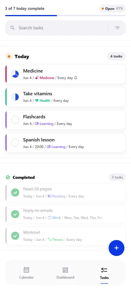 Vis task list grouped by category
