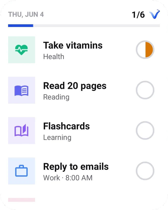 Vis to-do widget — today's tasks with categories and progress